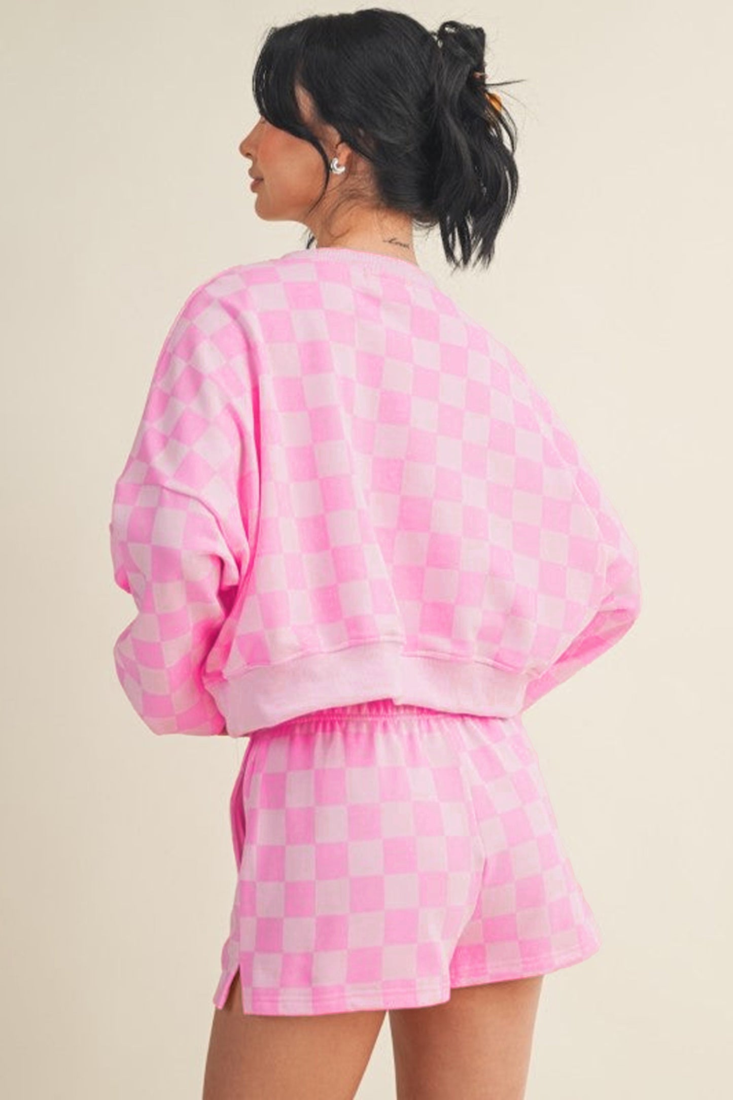 Plaid Checkered Long Sleeve Crop Top Shorts Two Piece Set S to XL