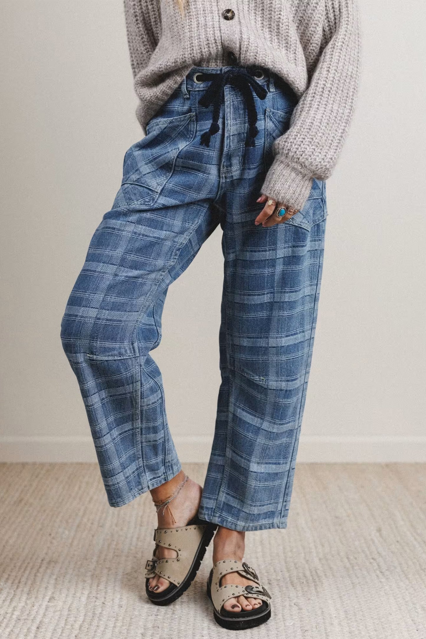 Womens Denim Plaid Drawstring Waist Ankle-Length Jeans S–XL