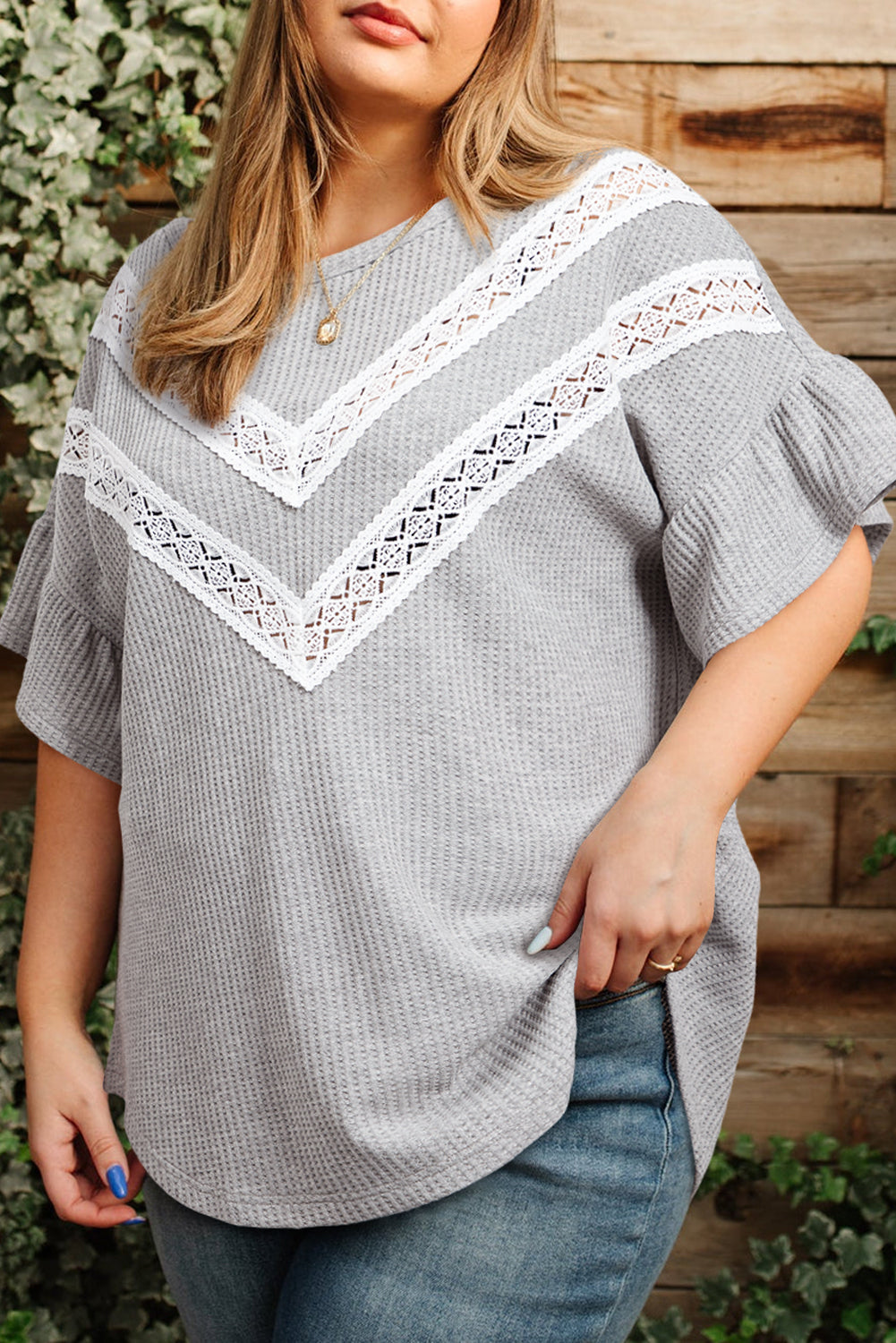 Plus Size Light Grey Waffle Knit Ruffle Top Women 1X–4X