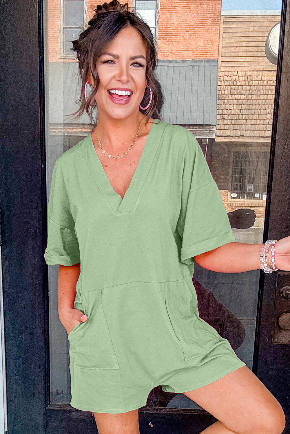 Pastel Green Loose Half Sleeve V Neck Knit Romper