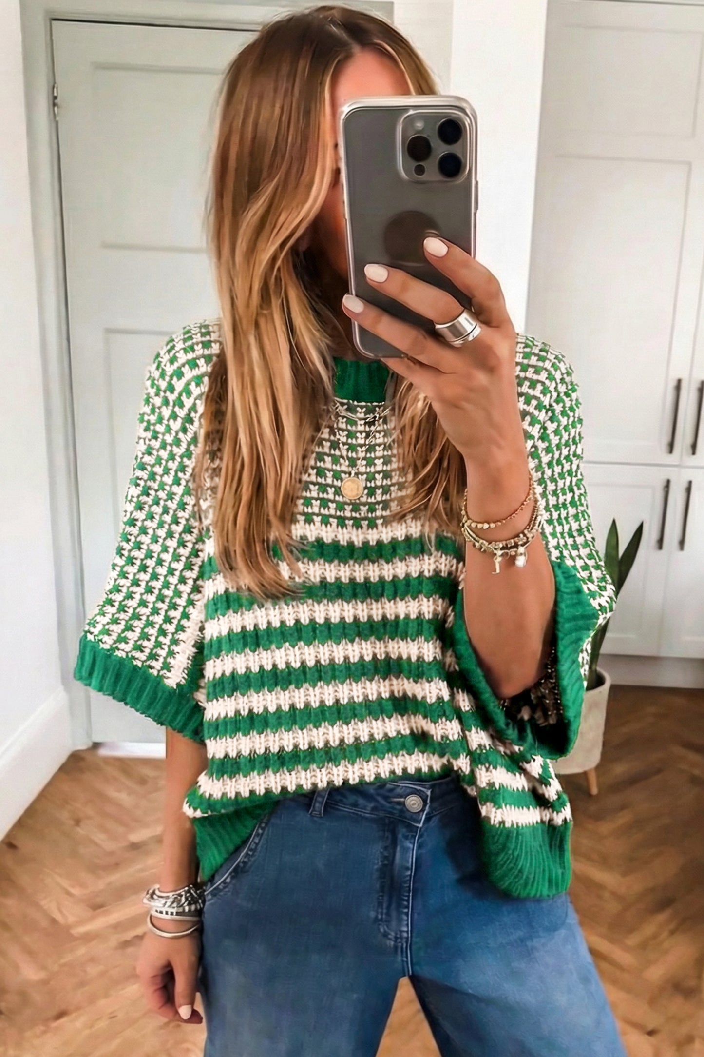 Striped Slouchy Sweater with 3/4 Draped Sleeves | Green Stripe