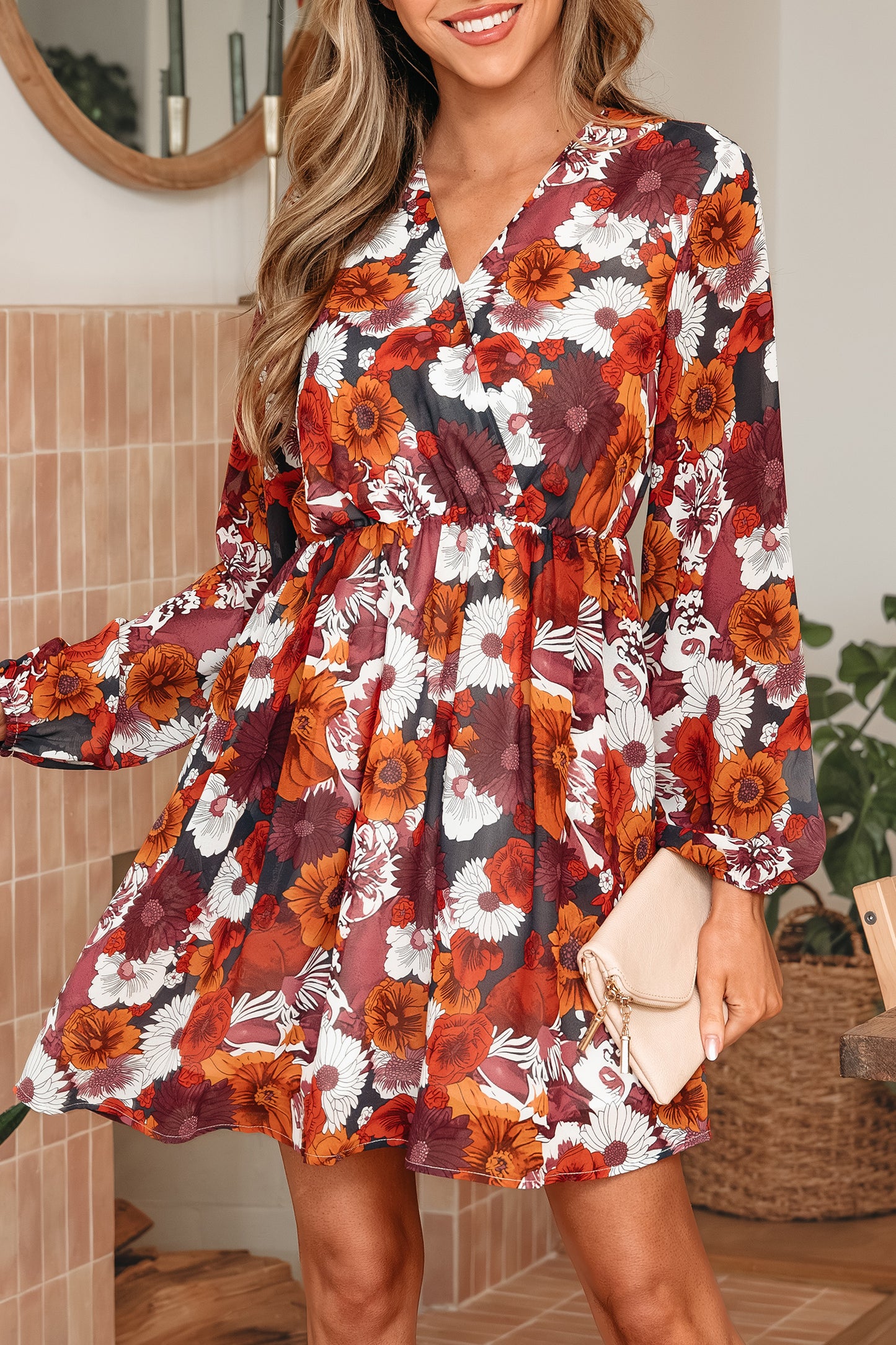 Floral Print Wrap V-Neck Puff Sleeve Mini Dress – Terracotta Women S–XL
