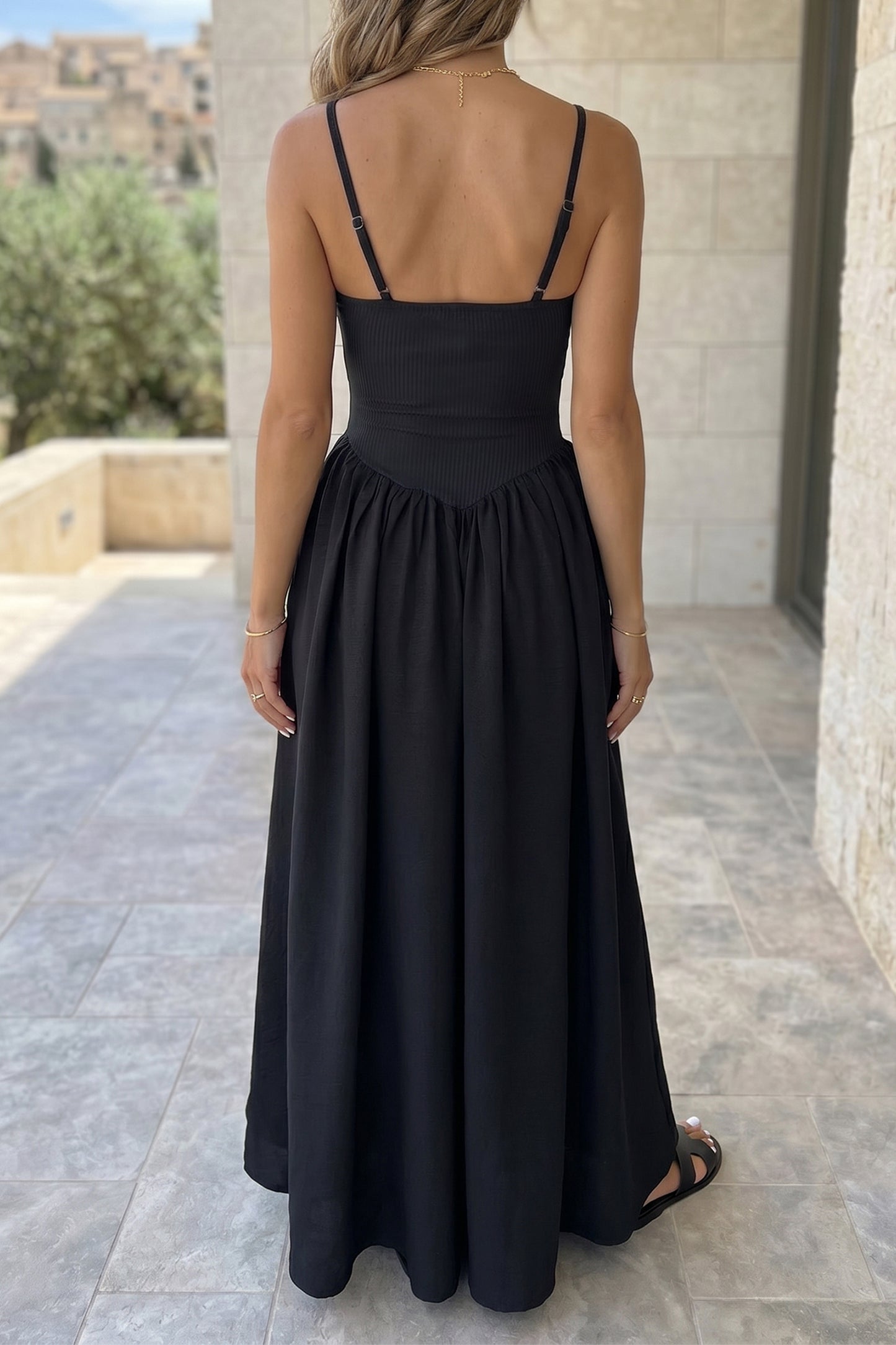 Black Ribbed Spaghetti Strap Maxi Dress Women S–XL