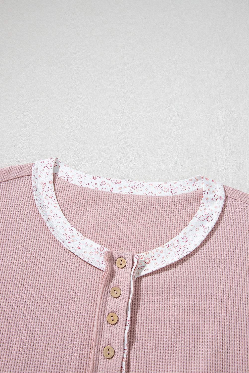 Pink Waffle Knit Floral Crinkle Patchwork Exposed Seam Short Sleeve Top – Women's Edgy Casual Tee (S–XL)