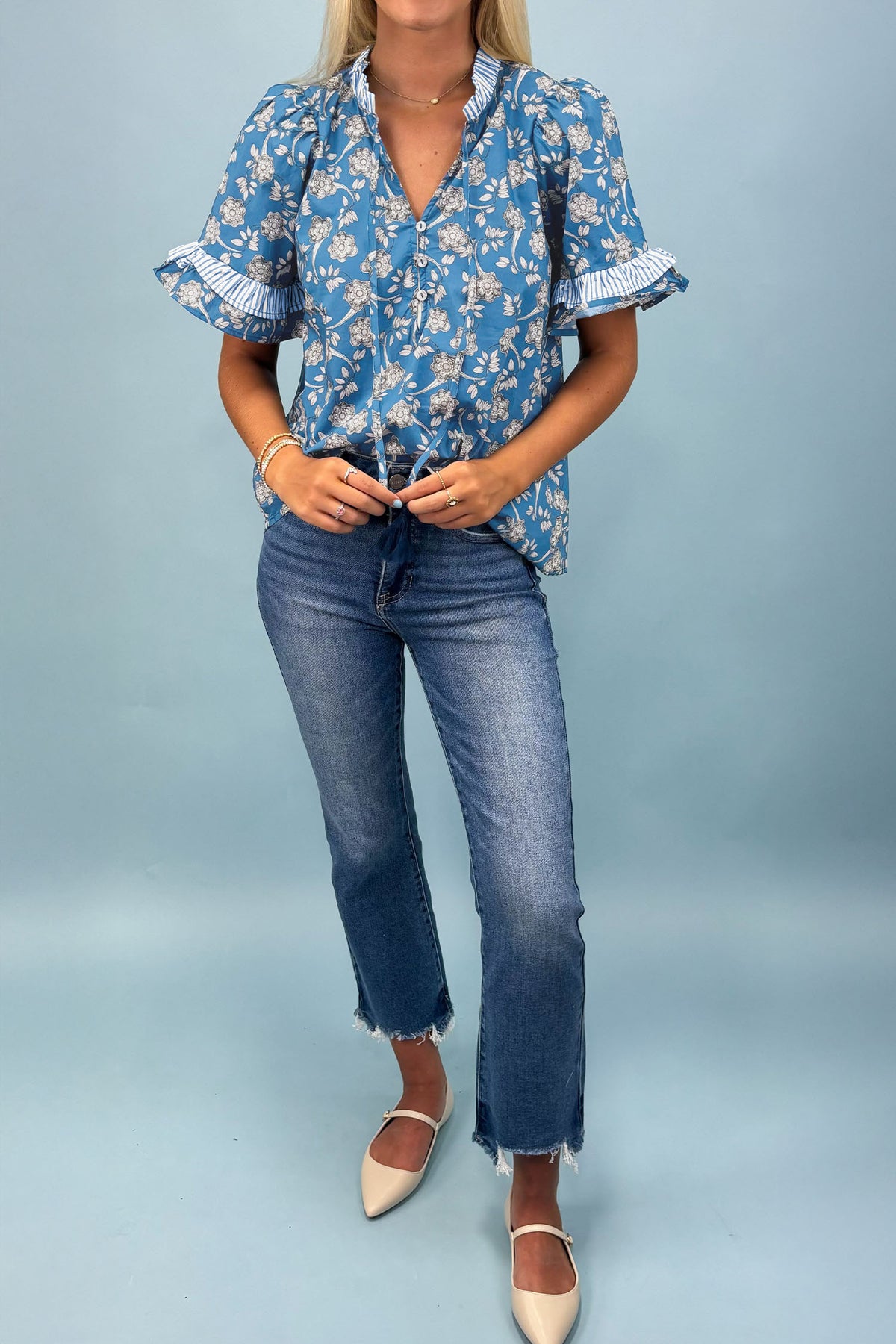 Womens Blue Floral Short Sleeve Tie Neck Blouse S to XL