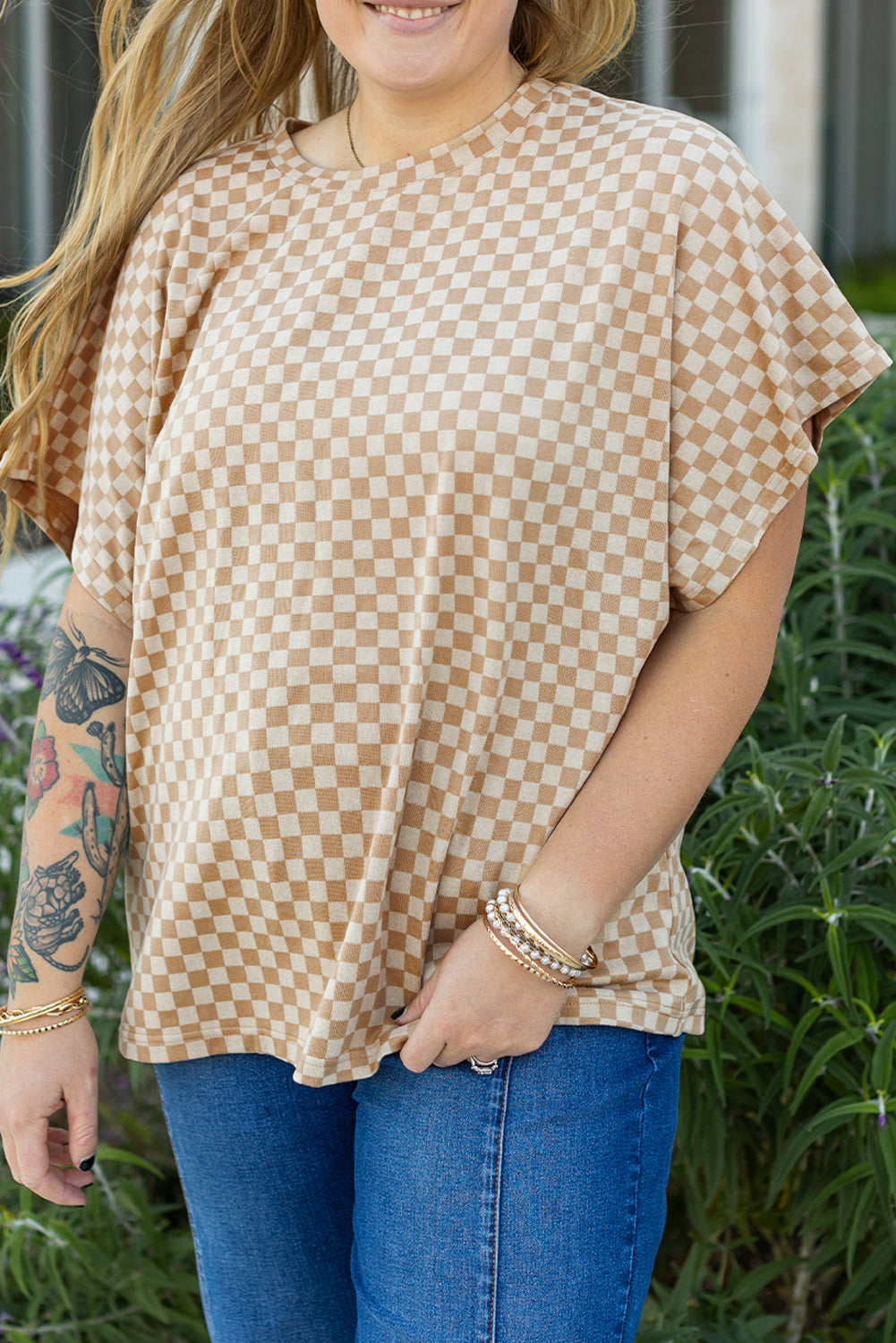 Plus Size Checkerboard Batwing Sleeve Round Neck Tee