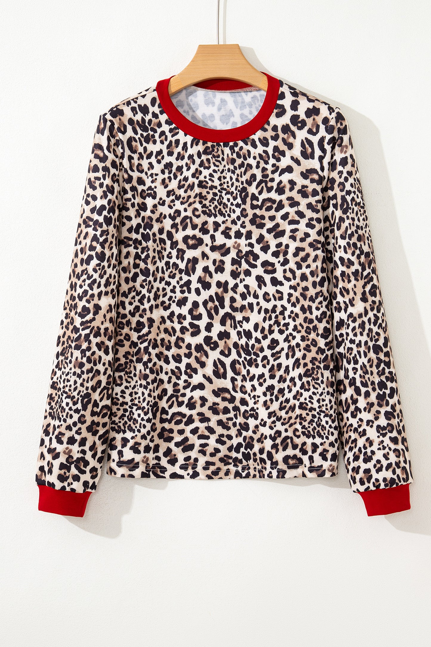 Leopard Print Contrast Trim Round Neck Long Sleeve Top