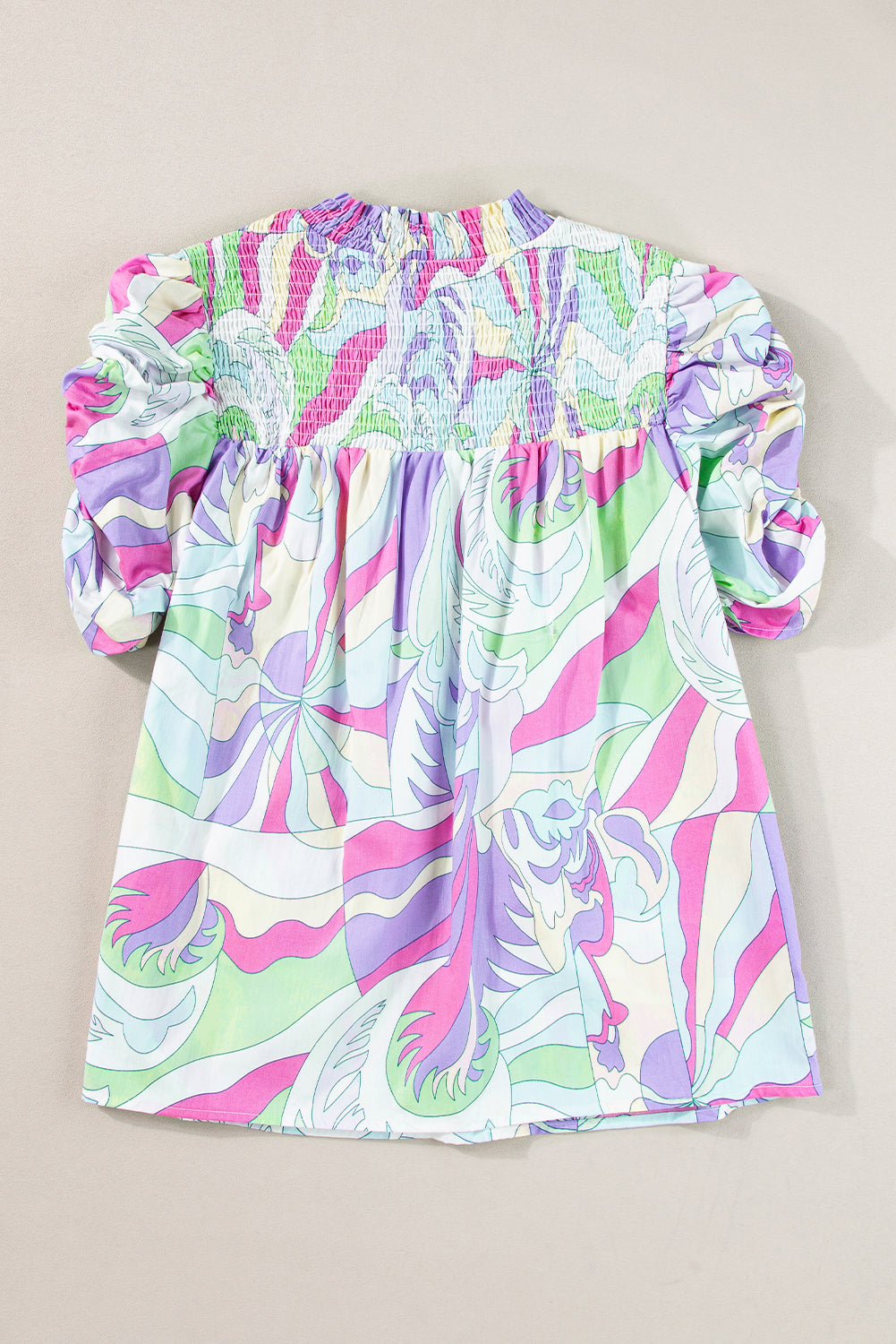 Mint Green Abstract Print Bubble Sleeve Smocked Neckline Blouse | S–XL