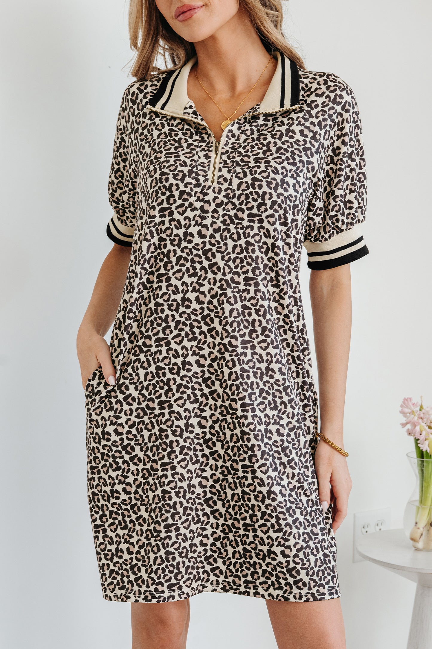 Khaki Leopard Print Zip Neck Striped Webbing Patchwork T-Shirt Mini Dress