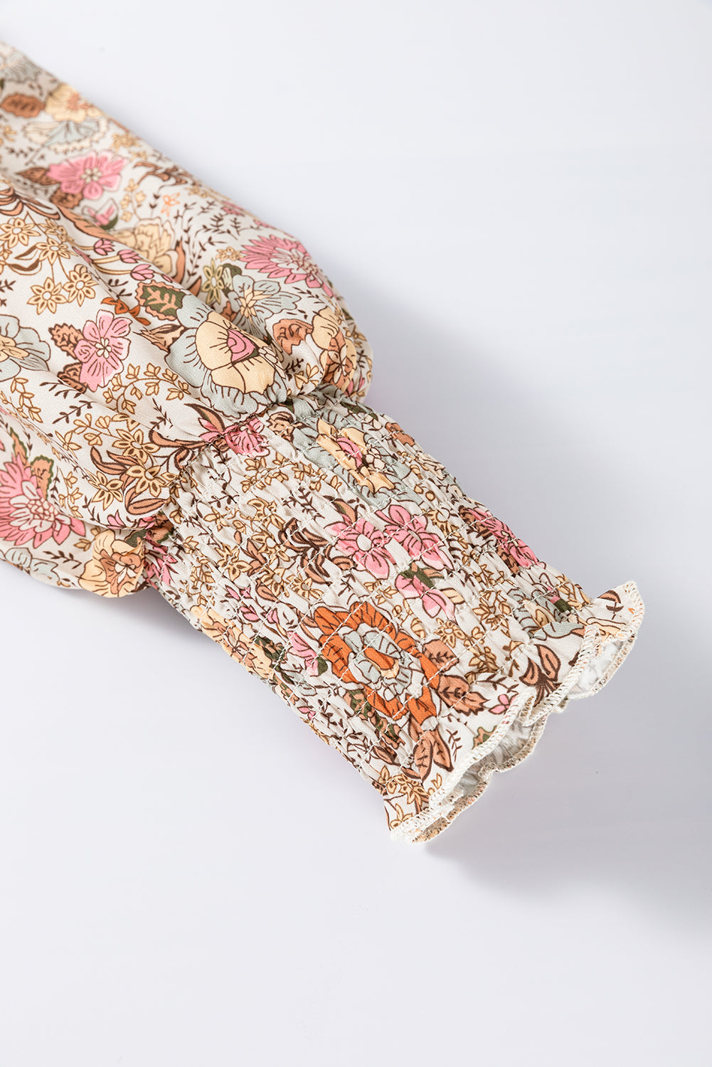 khaki Floral Print Tie Neck Lantern Sleeve Blouse