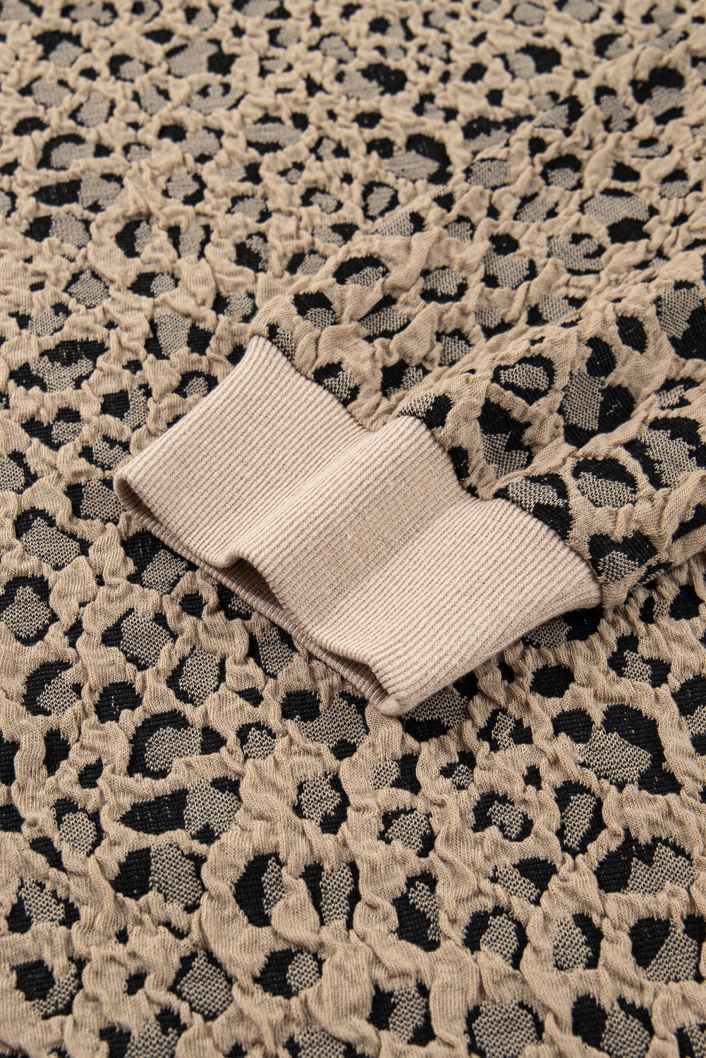 Leopard Print Textured Ribbed Trim Long Sleeve Top – Khaki Plus Size 1X–4X