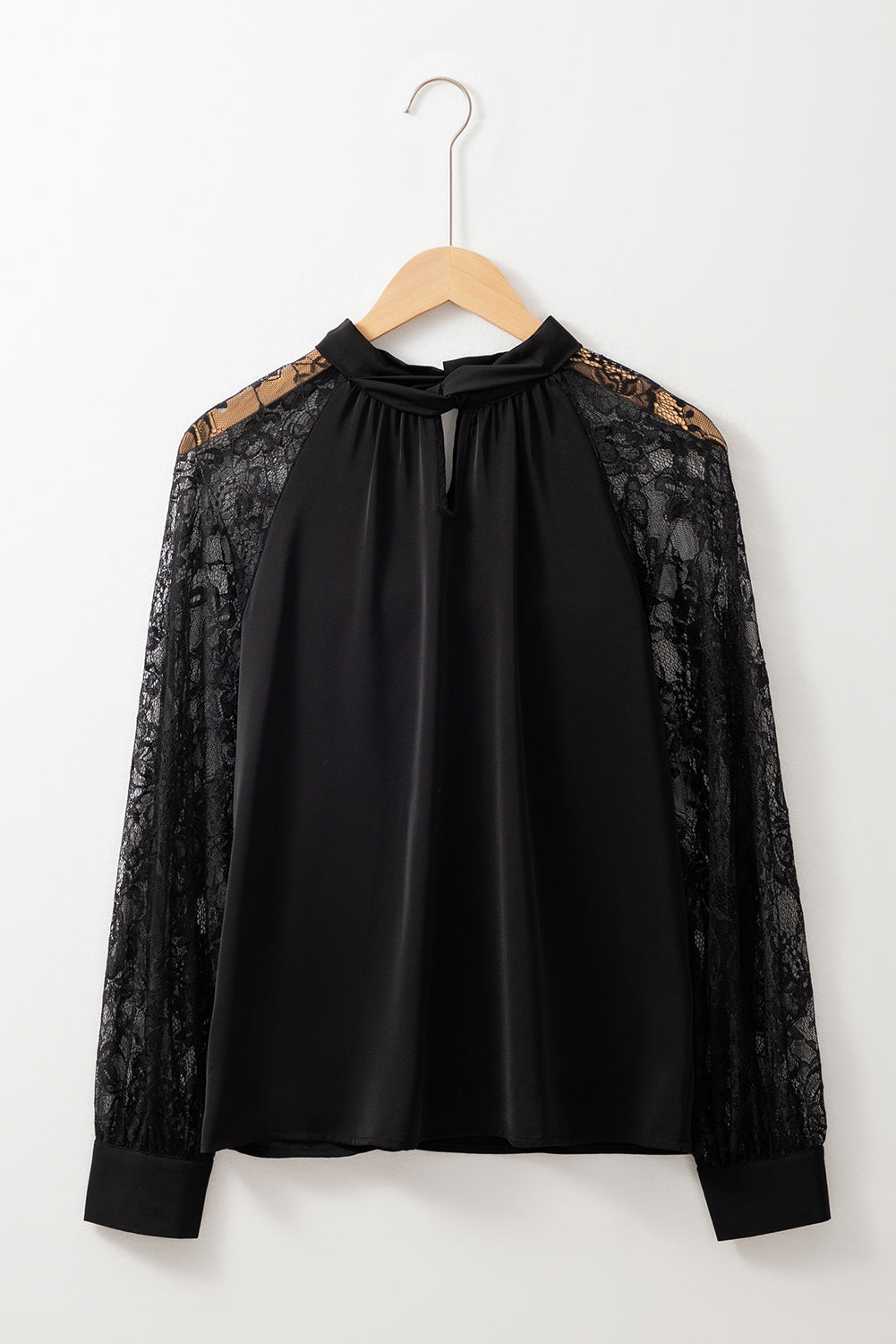 Floral Lace Raglan Sleeve Keyhole Neck Blouse