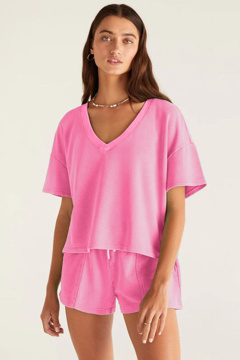 V-Neck Drop Shoulder Tee Patchwork Drawstring Shorts Set