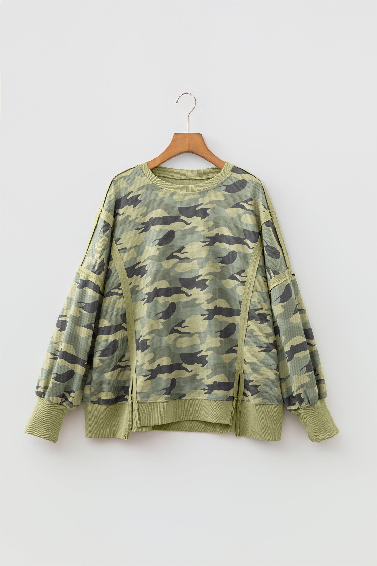 Green Camouflage Waffle Knit Raw Edge Contrast Trim Oversized Long Sleeve Top