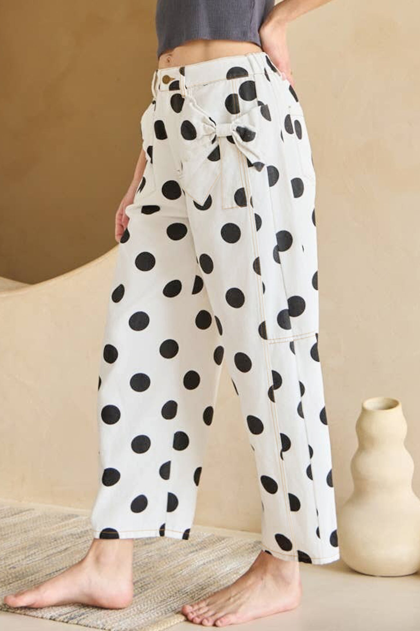 Polka Dot Bow Pocket Jeans Women Light Blue & White Size 4–16