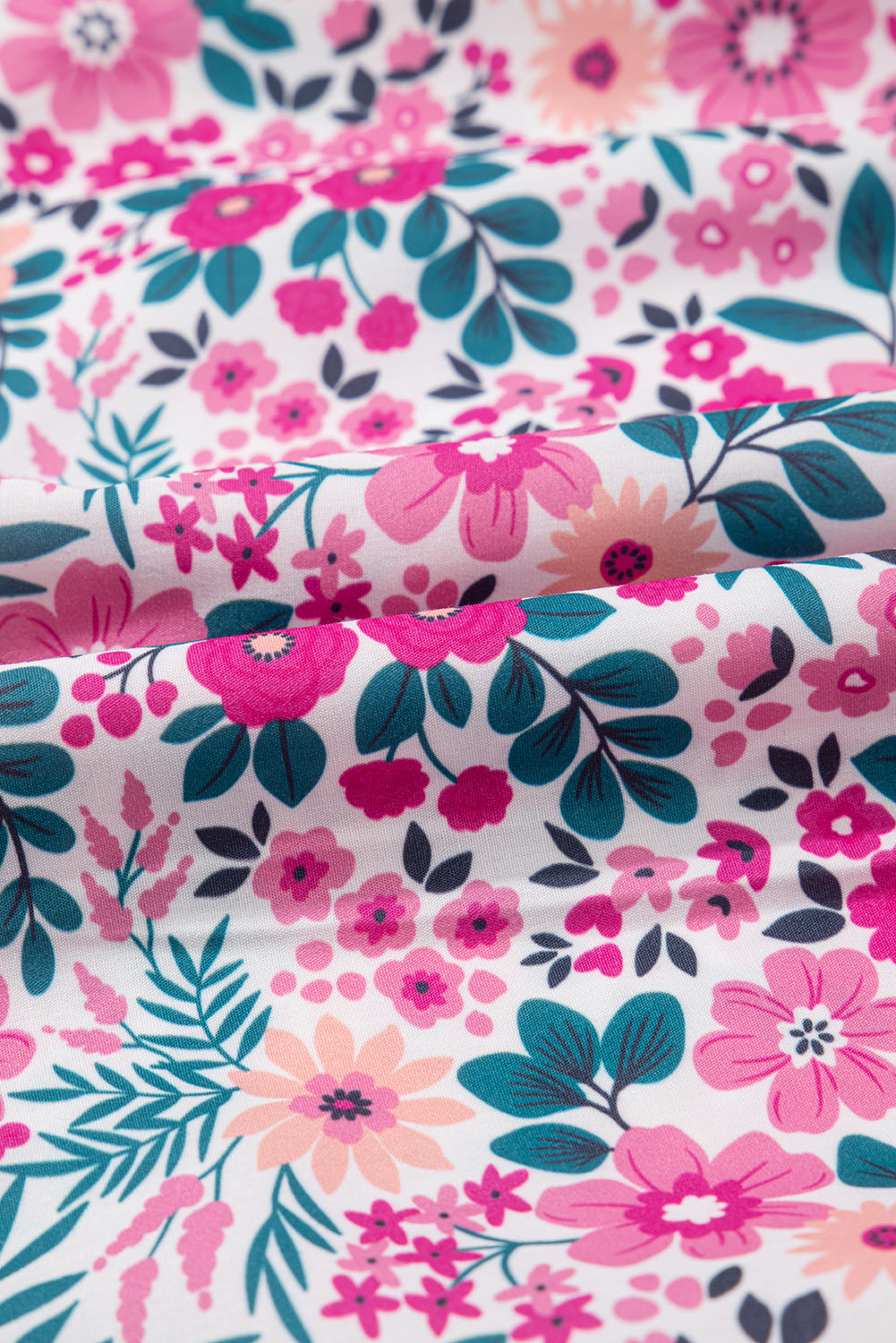 Pink Floral Collared Half Placket Short Sleeve Loose Dress