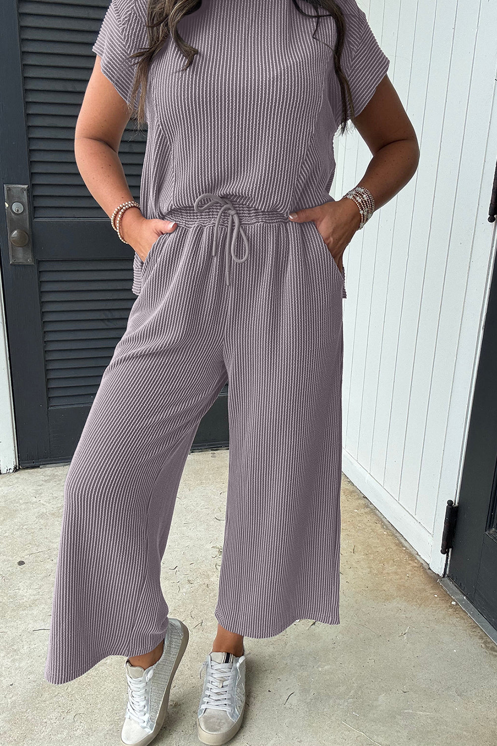 Corded Knit Short-Sleeve Tee & Wide-Leg Pants Set | Taupe