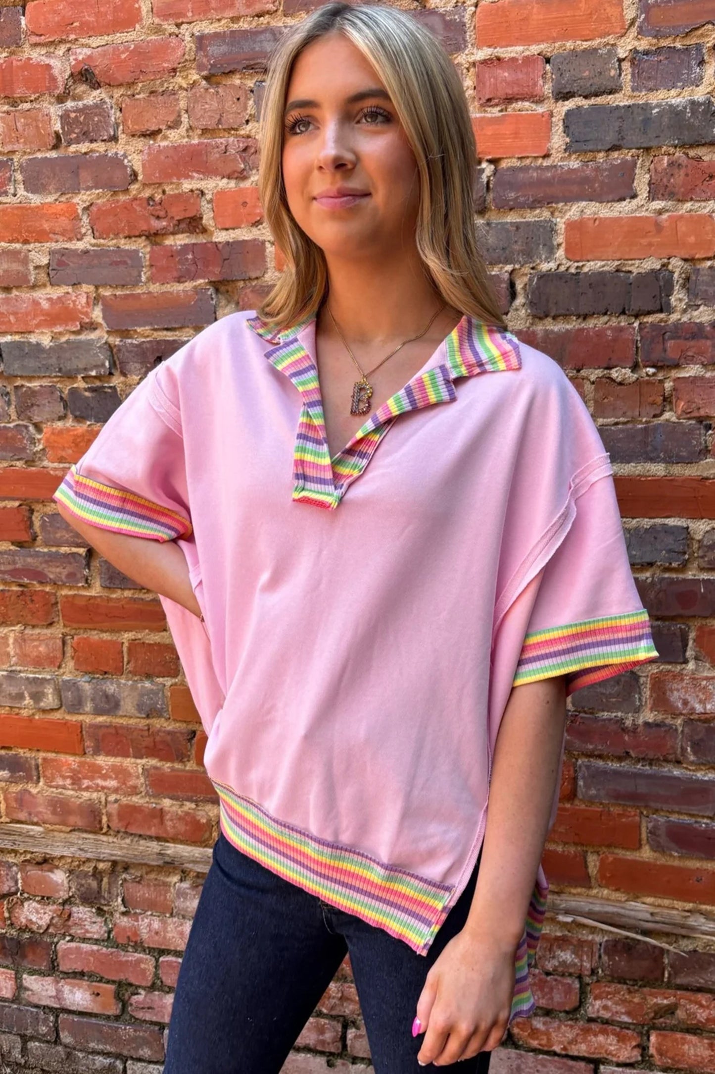 Pink Rainbow Stripe Ribbed Patchwork Raw Seam Oversized Polo Tee