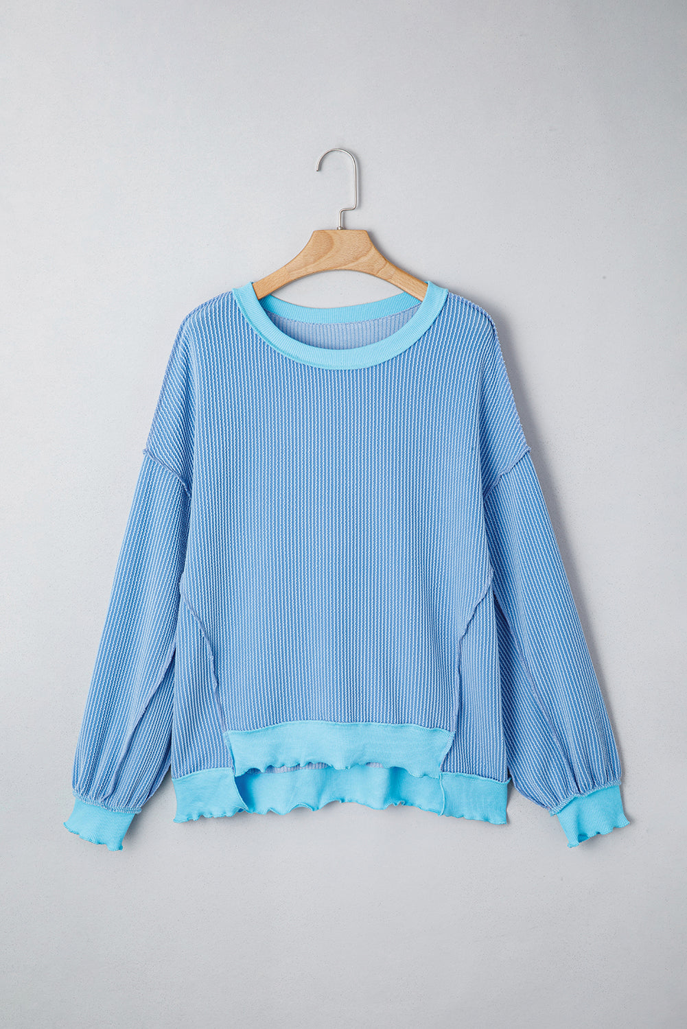 Light Blue Twisted Rib Drop Shoulder Uneven Hem Knit Top Women S-XL