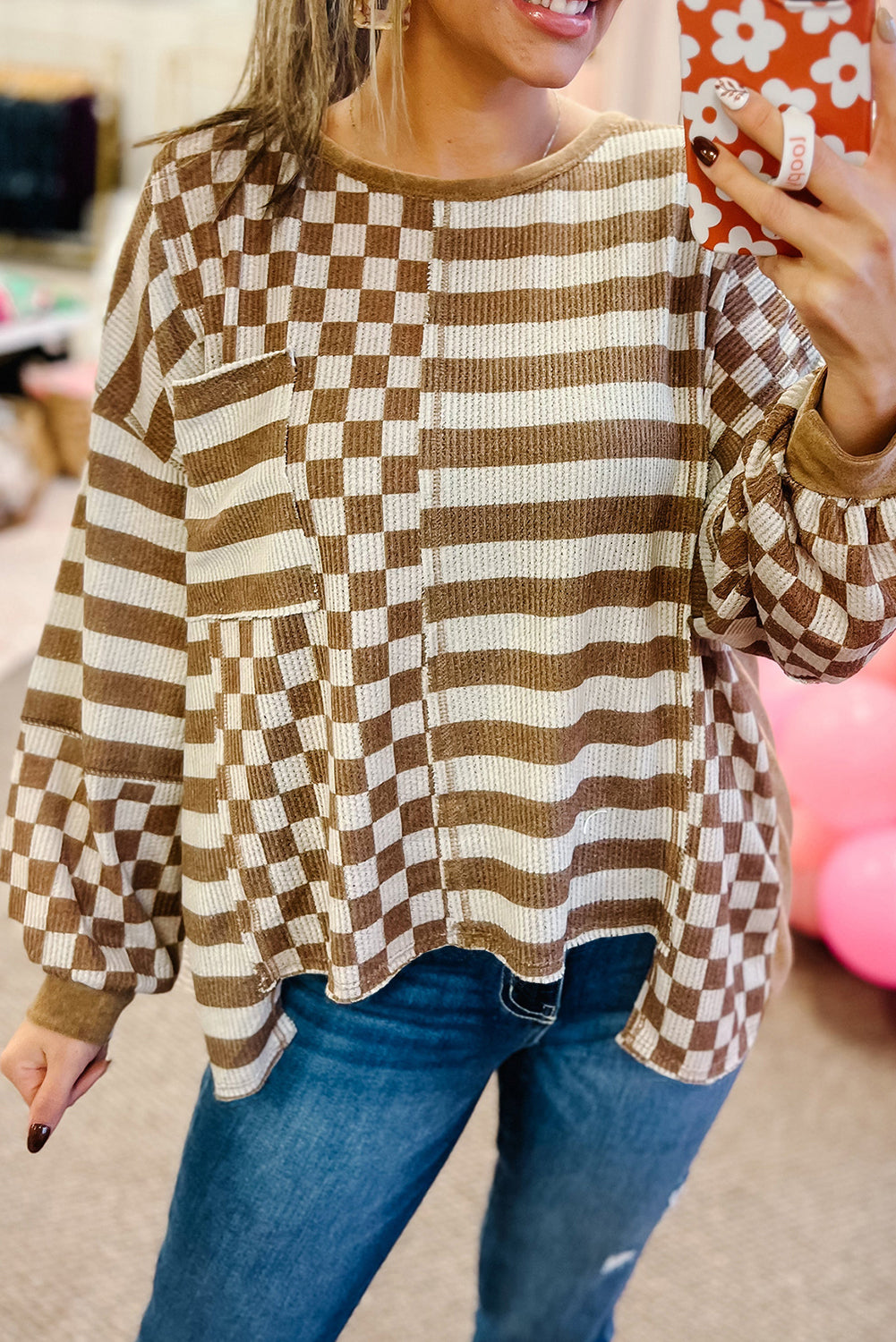 Striped Checkered Mixed Print Chest Pocket Top | Khaki | 1X–4X