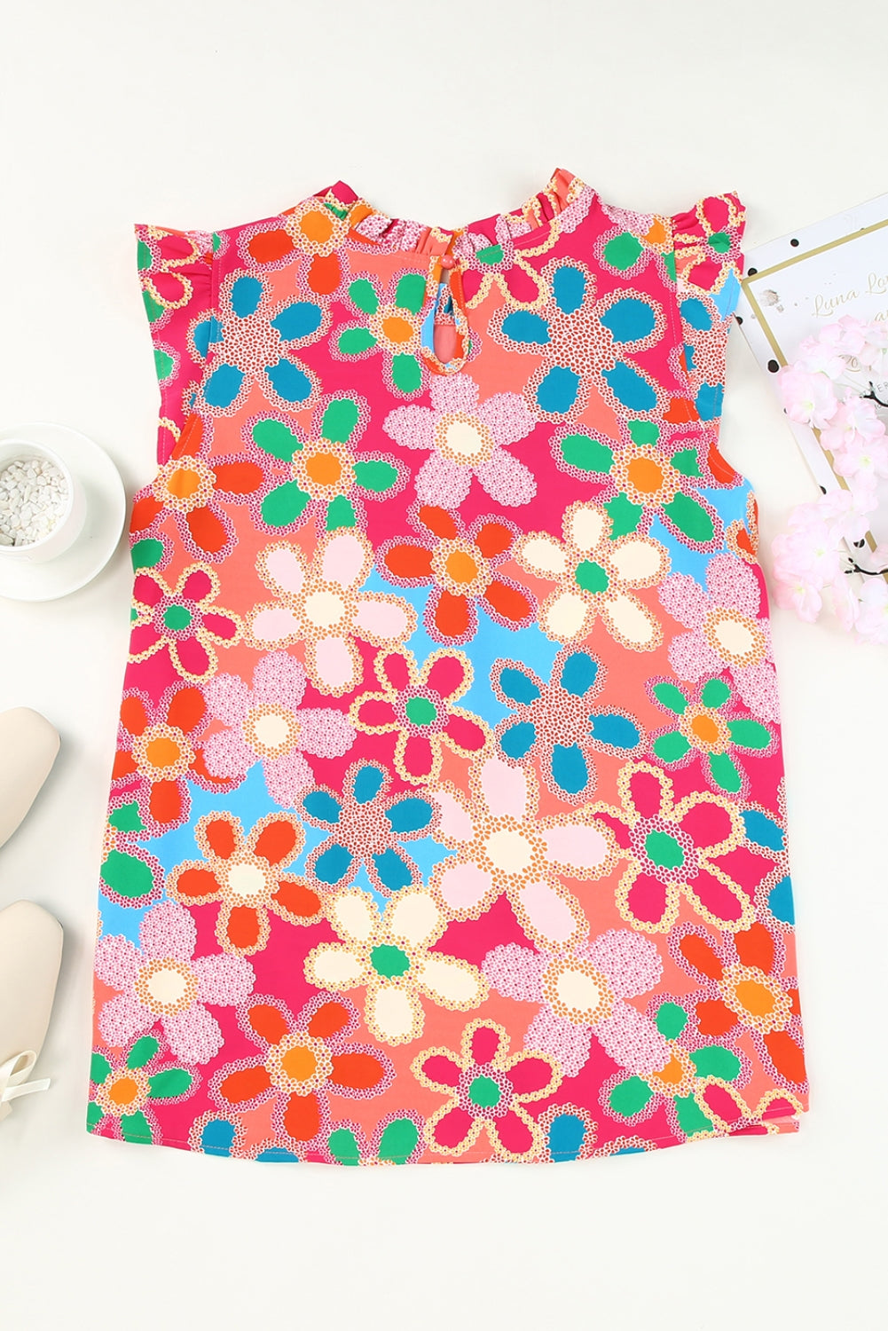 Pink Embroidered Floral Print Ruffle Trim Tank Top