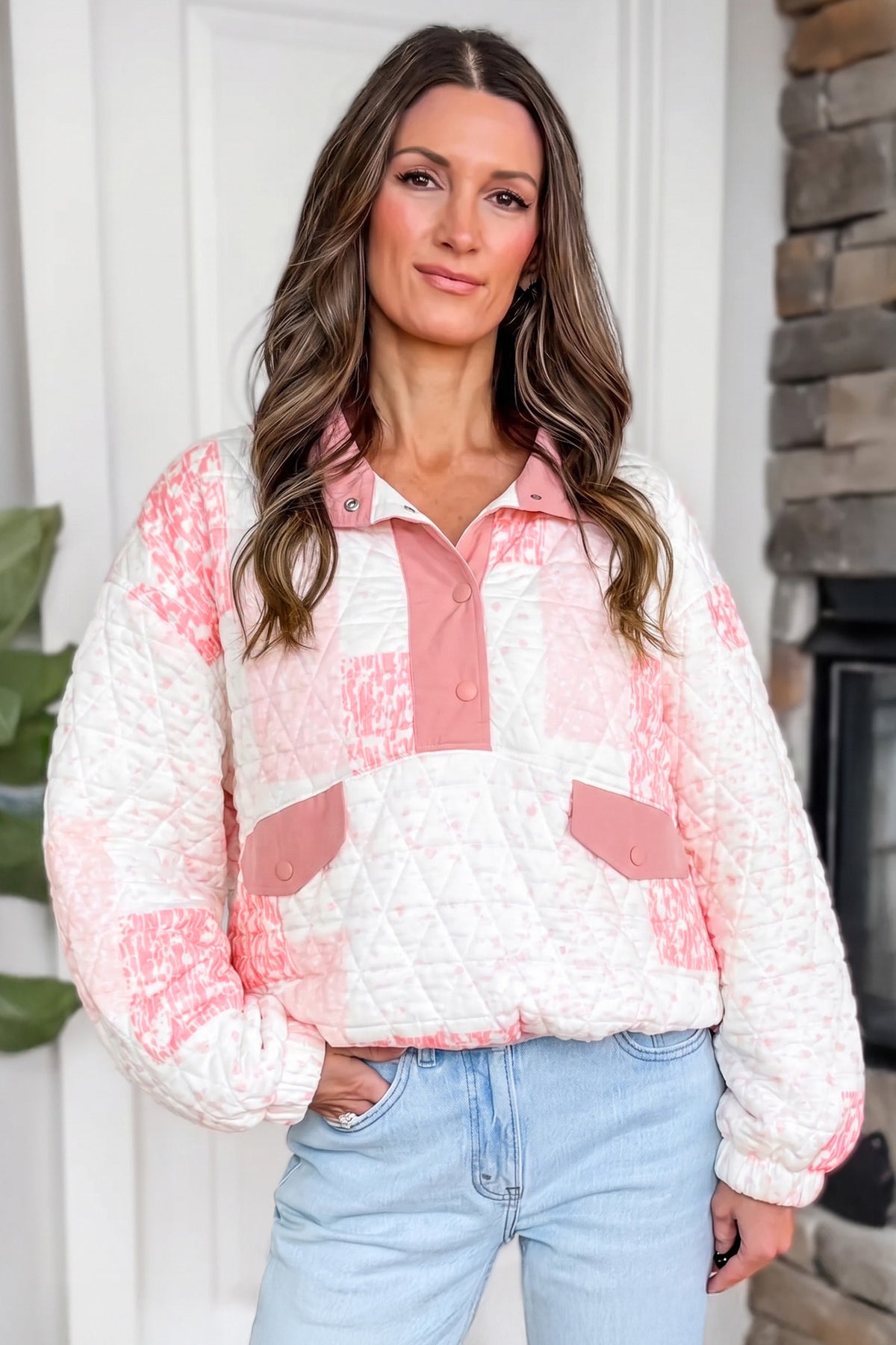 Women's Floral Quilted Button Pullover Sweatshirt S to XL