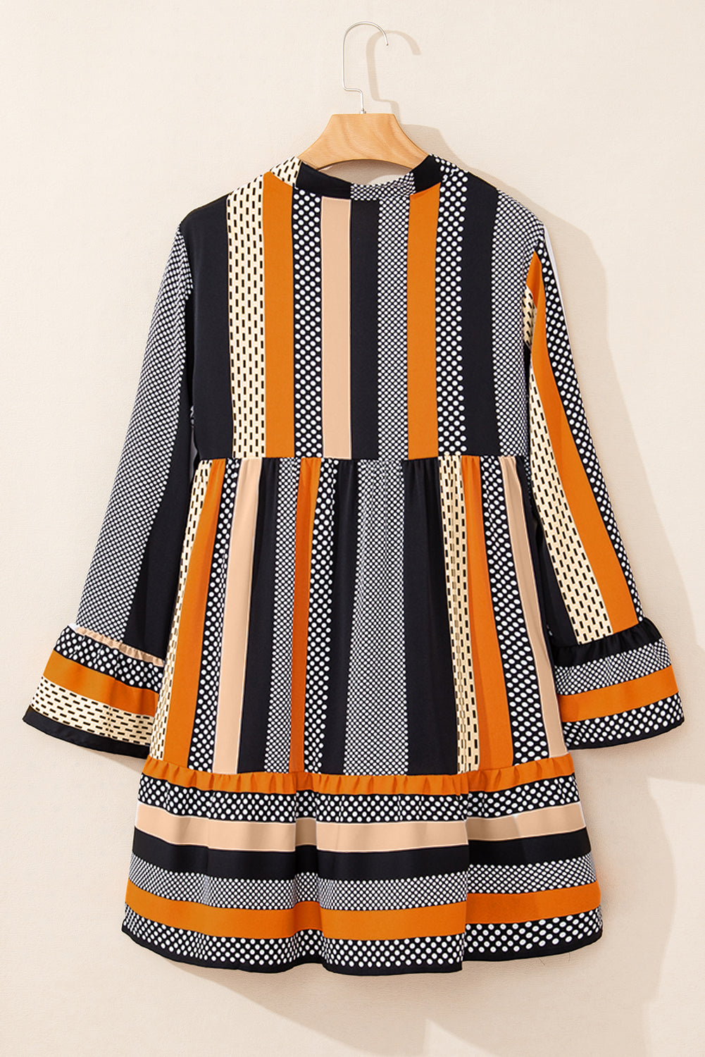 Black Striped Polka Dot Print Ruffled Hem V-Neck Mini Dress
