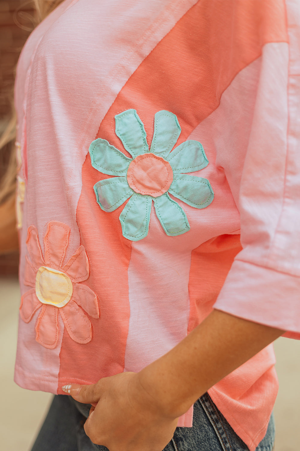 Flower Patched Exposed Seam Bracelet Sleeve Oversized T-Shirt