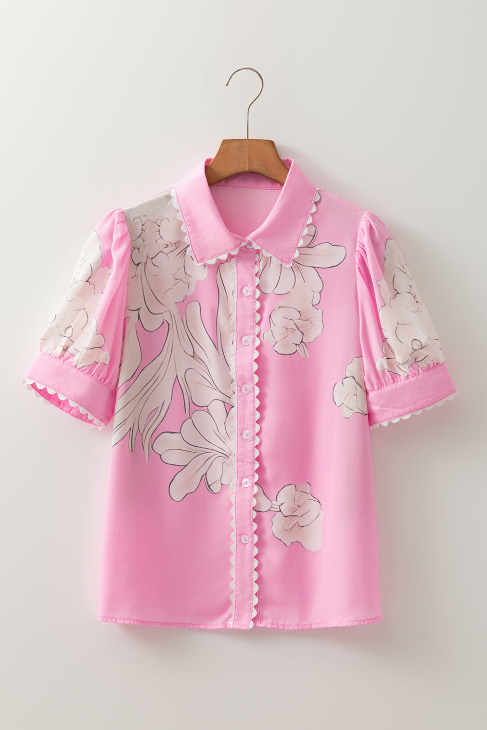 Green Floral Ric Rac Edge Puff Sleeve Button Up Summer Shirt
