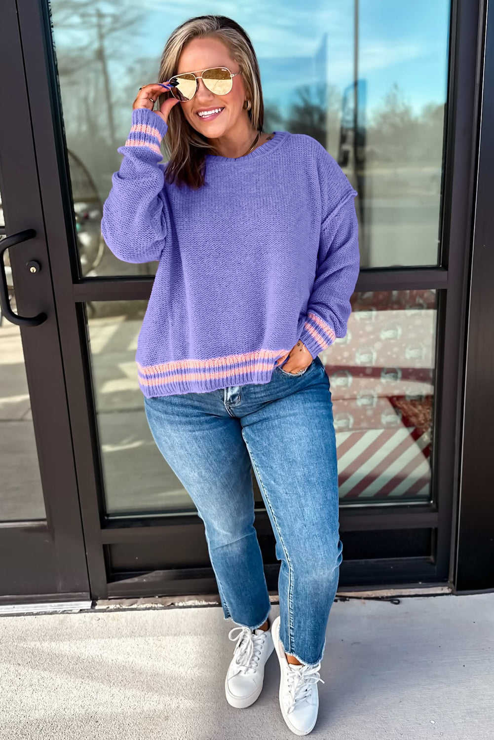 Striped Trim Drop Shoulder Knit Loose Sweater | Plus Size | Lavender | 1X–4X