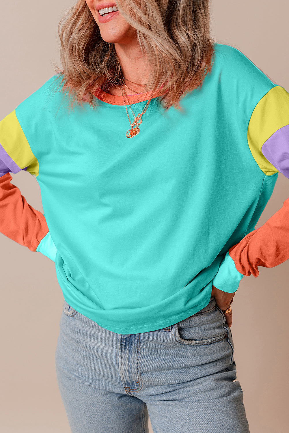 Colorblock Patchwork Long Sleeve Loose Top | Light Blue