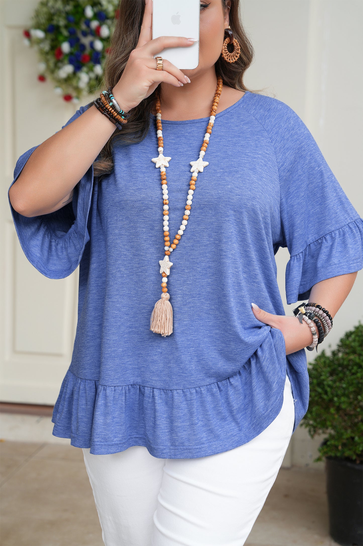 Ruffled Raglan Short Sleeve Blouse | Plus Size | Dusk Blue | 1X–4X