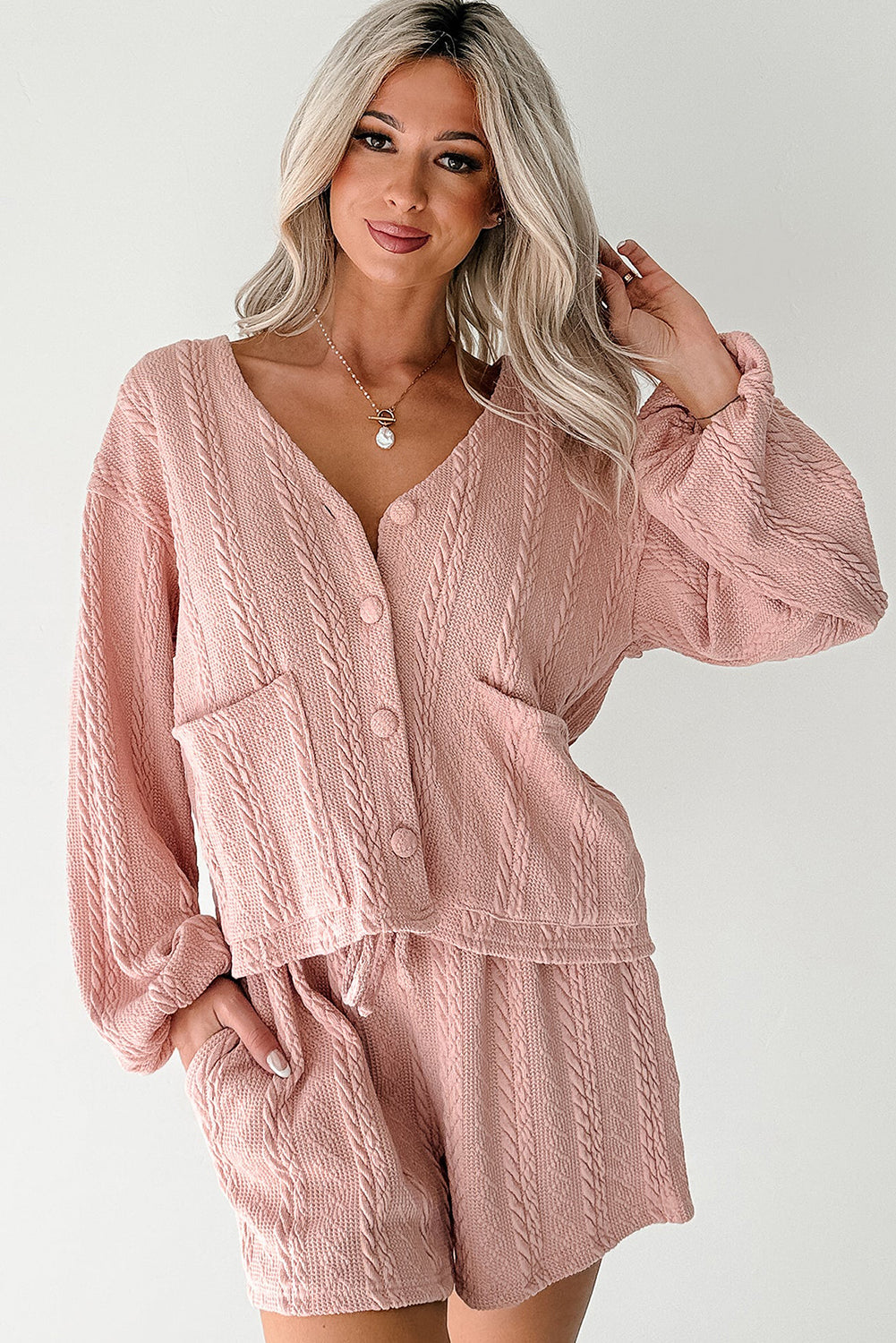Pink Cable Knit V-Neck Cardigan and Shorts Set