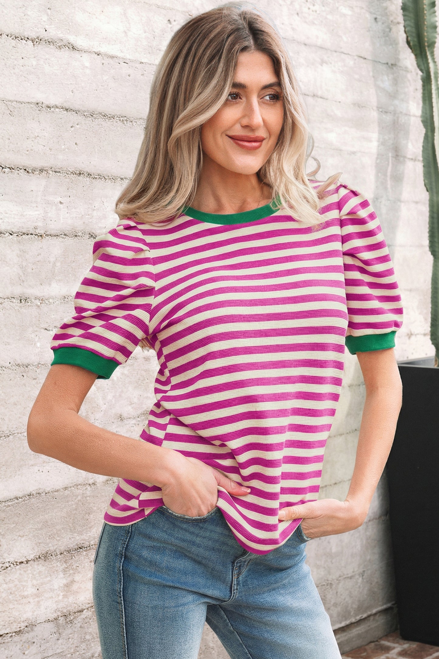 Striped Puff Sleeve Contrast Trim Round Neck Tee | Green, Brown & Rose | S–XL