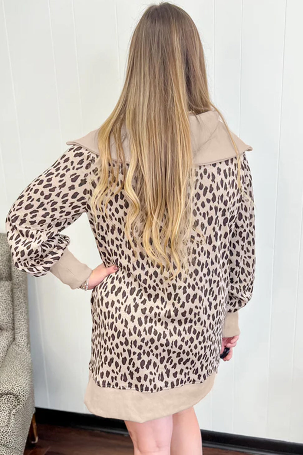 Leopard Zip Collar Patchwork Shift Mini Dress in Khaki