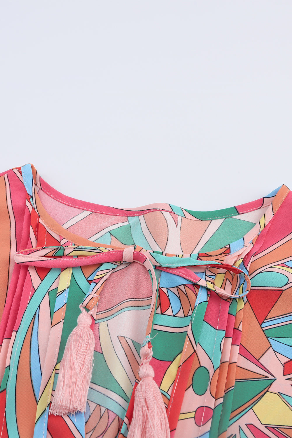 Multicolour Boho Abstract Print Split V-Neck Peplum Flowy Short Sleeve Blouse – Women's Vacation Top (S–XL)