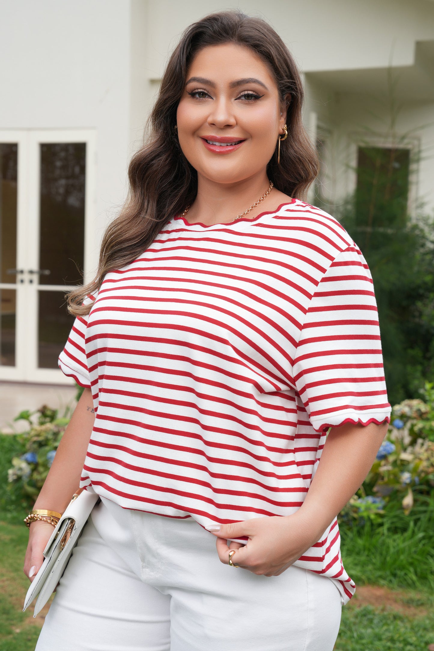 Plus Size Red Stripe Top with Scallop Detail Women 1X–4X