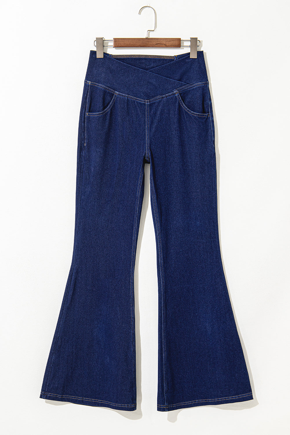 Dusty Blue Crossed Waist Fit & Flare Knit Jeans