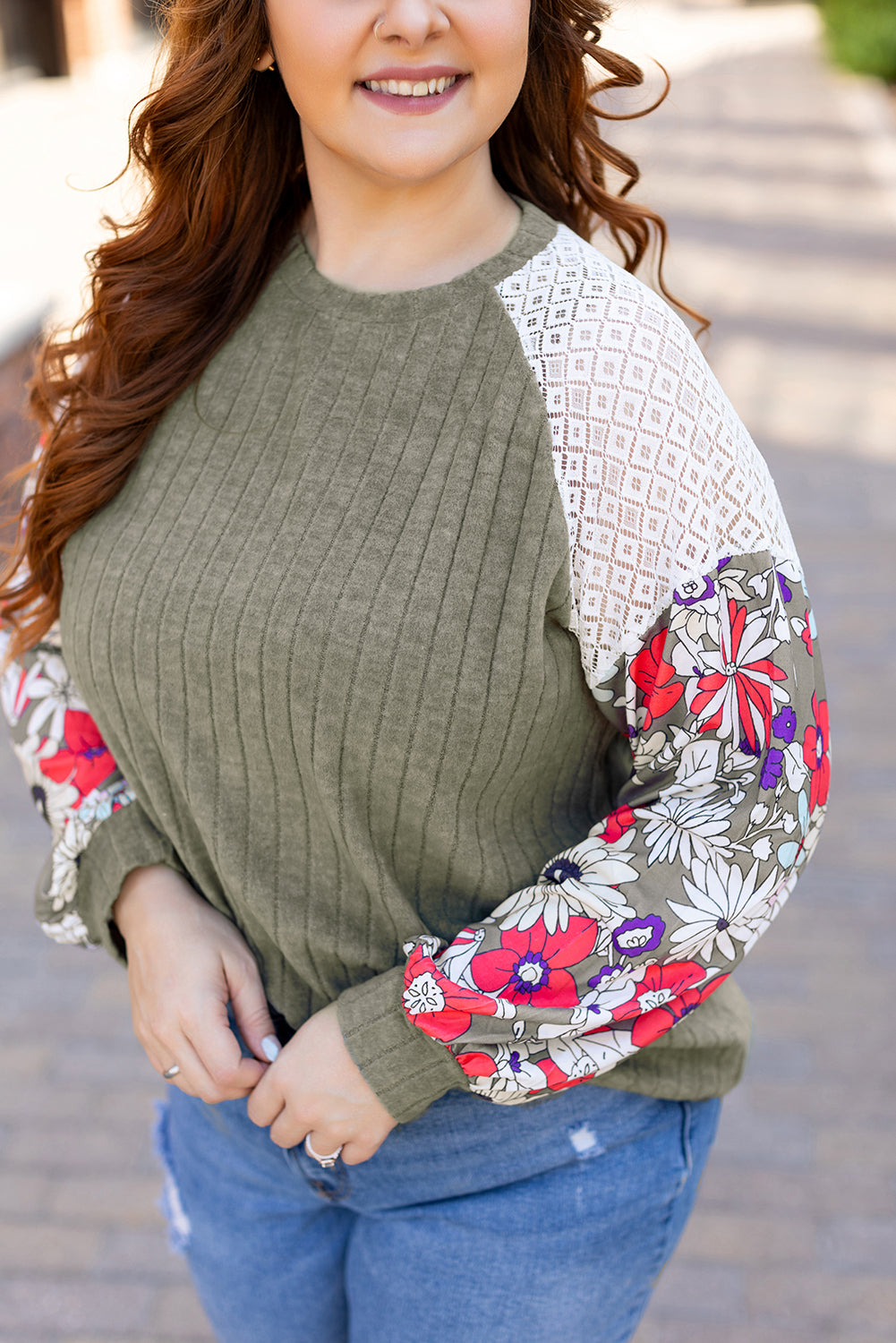 Plus Size Ribbed Floral Sleeve Blouse Women 1X–4X