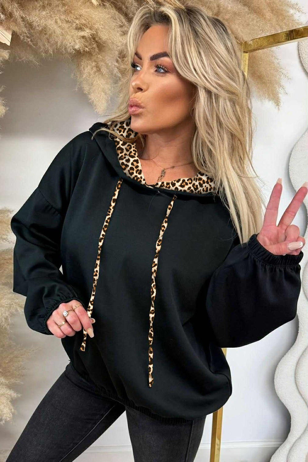 Leopard Contrast Drop Shoulder Drawstring Hoodie | Cream & Black | S–XL