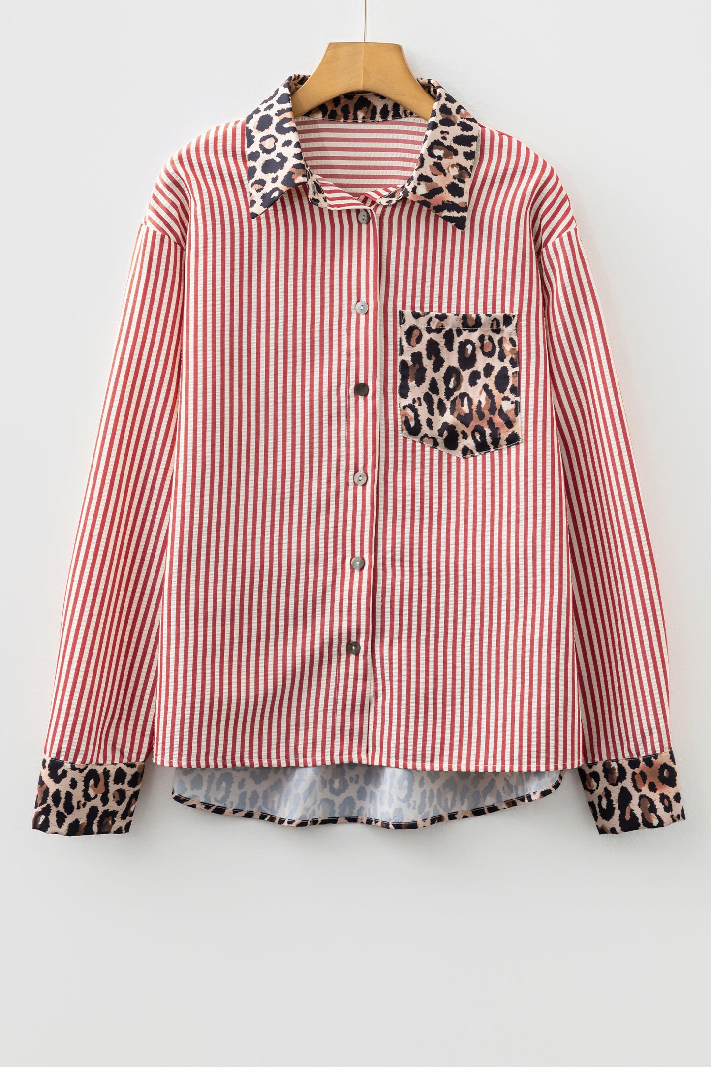 Striped Leopard Print Patchwork Button-Up Shirt