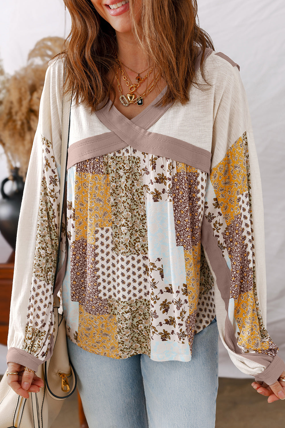 White Floral Print Contrast Patchwork Long Sleeve Top