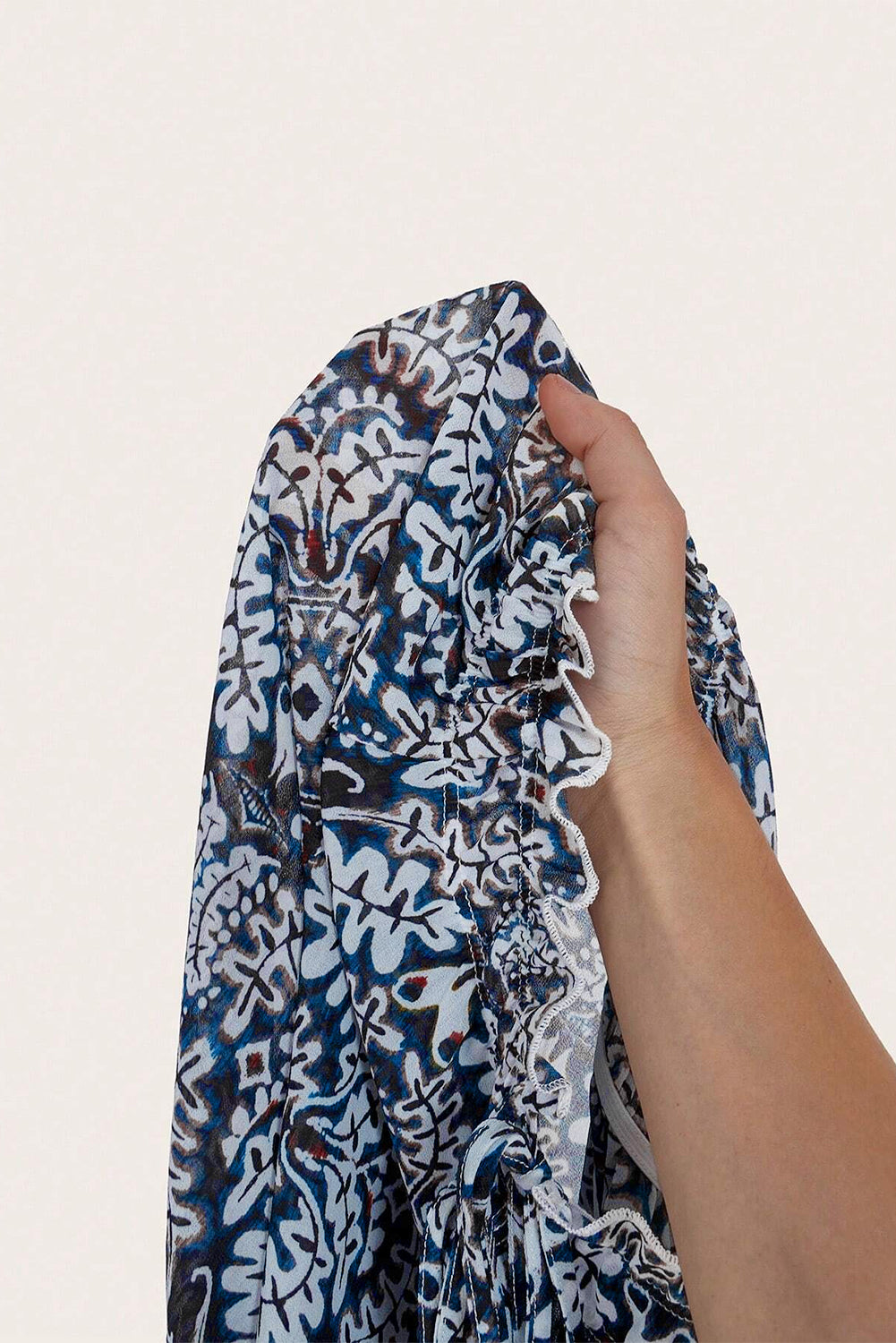 Tribal Print Lace-Up Frilled Neck Puff Sleeve Blouse