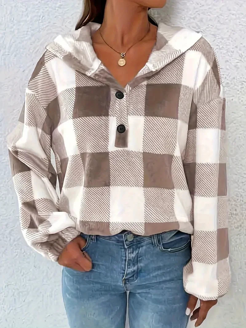 Plus Size Casual Sweatshirt Women's Plaid Print Long Sleeve Henley Hooded T-Shirt