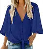 Women's V Neck Top Ruffle Short Sleeve Tie Knot Loose Blouse . S-2X