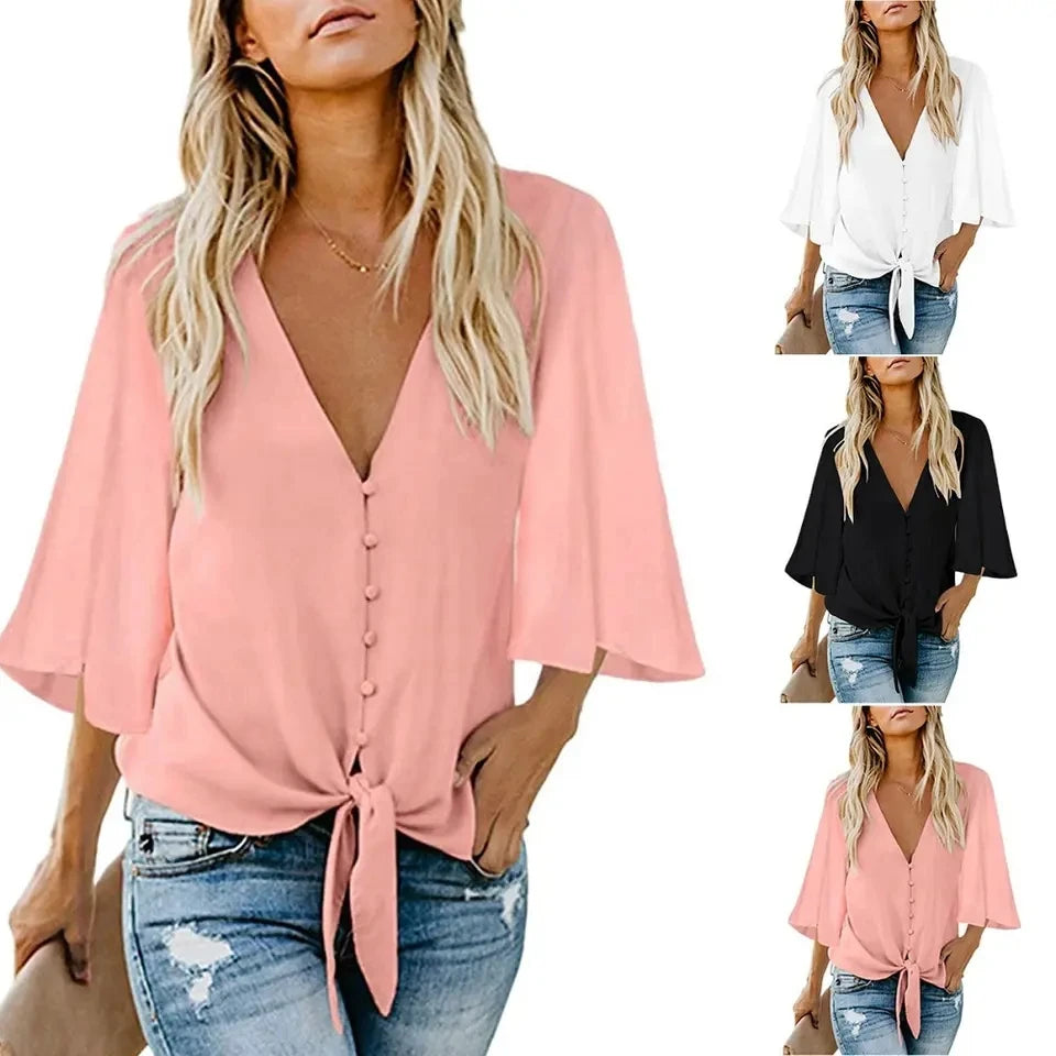 Women's V Neck Top Ruffle Short Sleeve Tie Knot Loose Blouse . S-2X