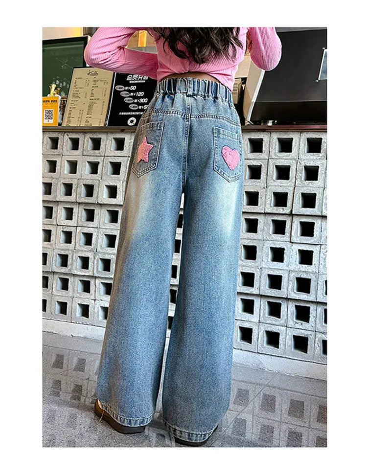 Casual Print Decoration Loose Wide Leg Kids Clothes for Big Girls Baggy Jeans with Straight Style Children's Clothing for Girls