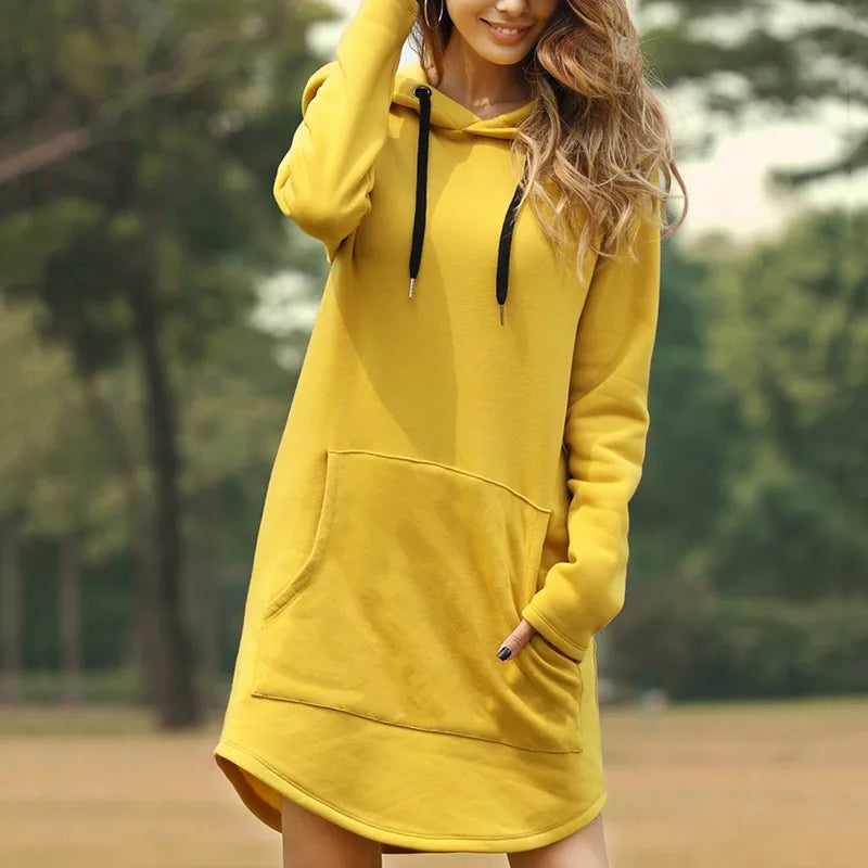 2025 Women Dress/Top Casual Pocket Long Sleeve Hooded Loose Fit Oversized Pullover Hooded Bodycon Dress /Top. S-5X