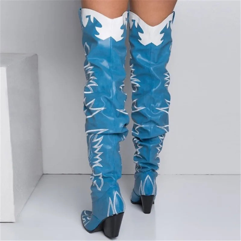 Blue Western Cowboy Over The Knee Boots Fashion Chunky Wedge Heel Designer Pointed Toe Thigh High Boots