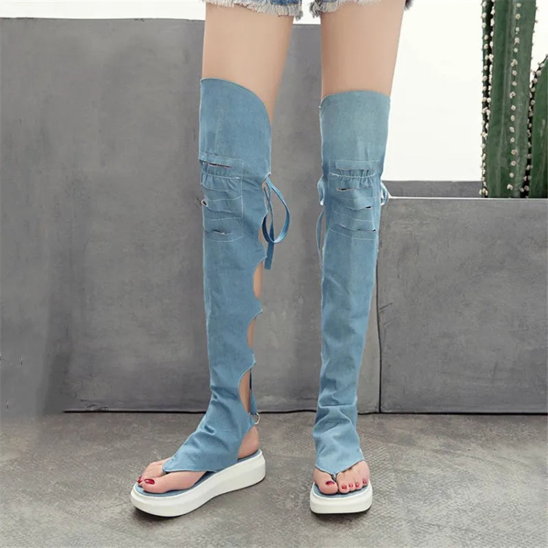 Rome Style Hollow Out Summer Long Denim Shoe/Boots Cross tied High Leg Gladiator Sandal